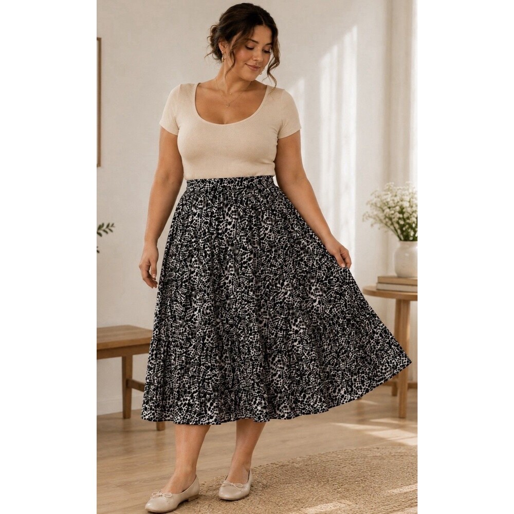 A New Day XXL Black & White Leopard Print A-Line Midi Skirt
